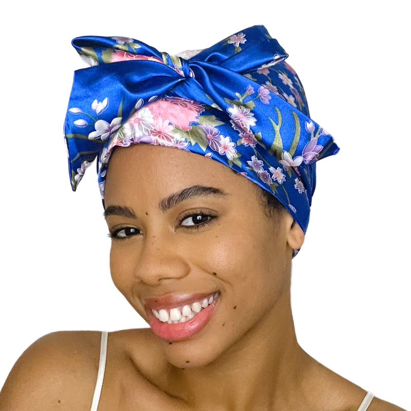 BLUE FLORA Satin Sleep Scarf Bonnet