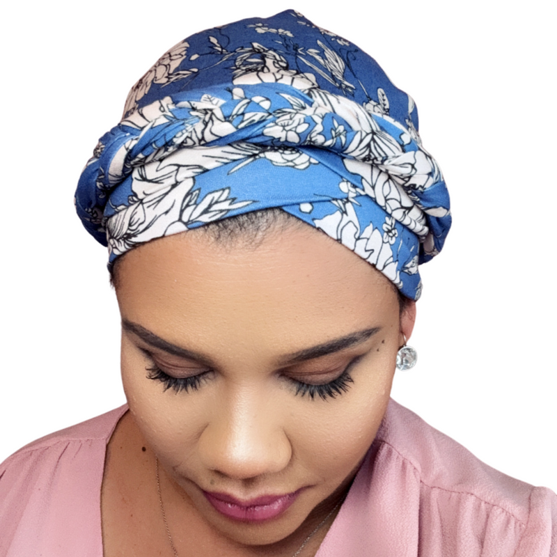 BLUE CREAM FLORAL Braid Satin-Lined Turban Pre-tied Headwrap