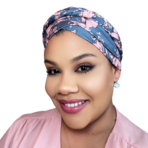 BLUE PINK FLORAL Braid Turban Satin-Lined Pre-tied Headwrap display picture 1