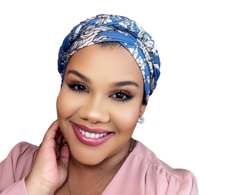 BLUE CREAM FLORAL Braid Satin-Lined Turban Pre-tied Headwrap