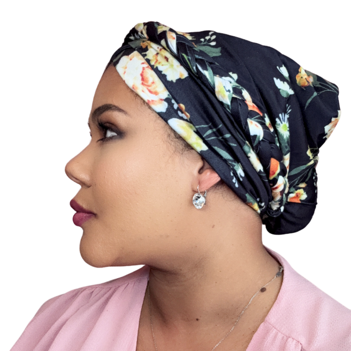BLACK FLORAL Braid Turban Satin-Lined Pre-tied Headwrap display picture 2