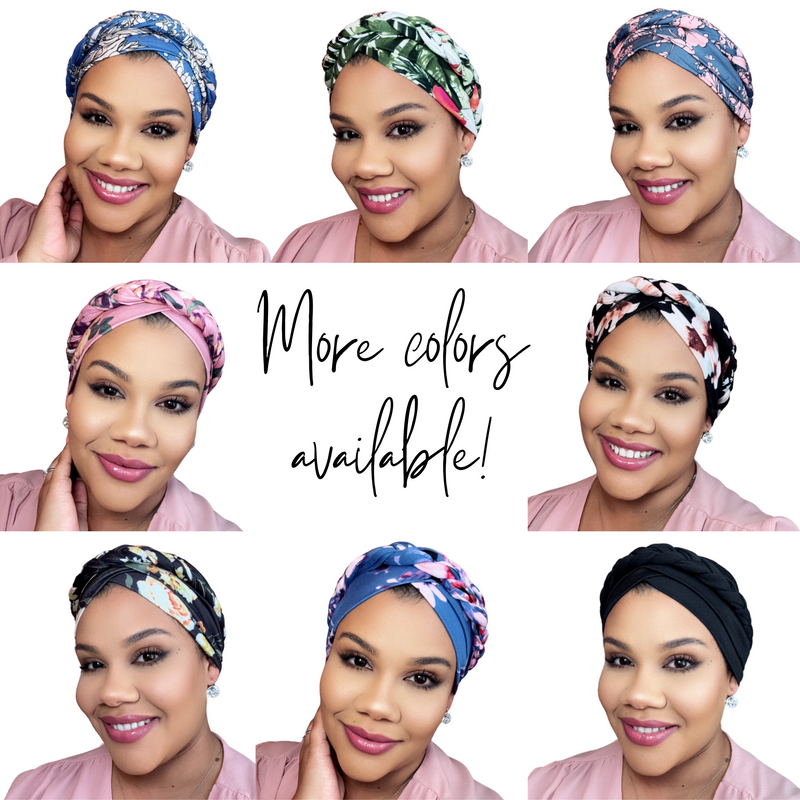 BLUE CREAM FLORAL Braid Satin-Lined Turban Pre-tied Headwrap