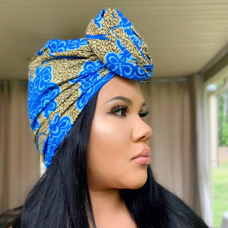 BLUE FLOWERS Rose Satin-Lined Pre-tied Headwrap