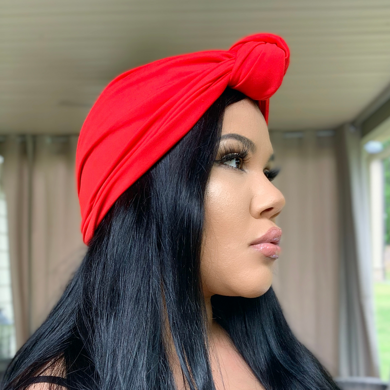 APPLE RED Knotted Pre-tied Headwrap