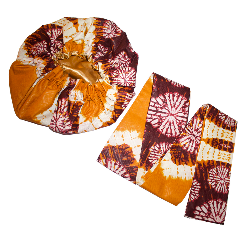 BURGUNDY MUSTARD Adire Satin-Lined Bonnet Headwrap