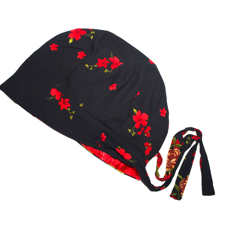 RED FLOWERS Satin-Lined Chiffon Scrub Bonnet