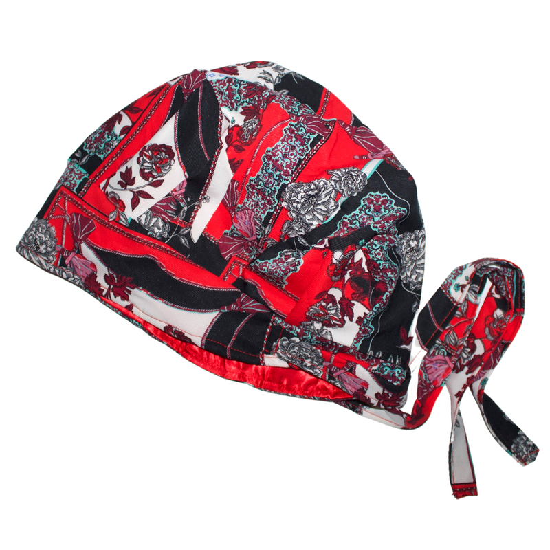 RED BLACK - Satin-Lined Chiffon Scrub Bonnet