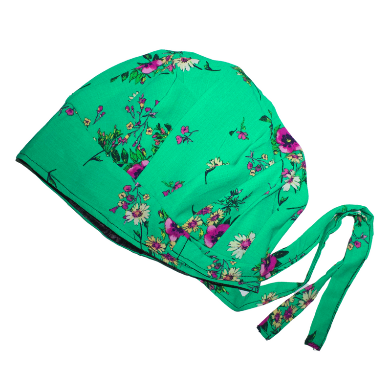 GREEN FLORAL - Satin-Lined Chiffon Scrub Bonnet