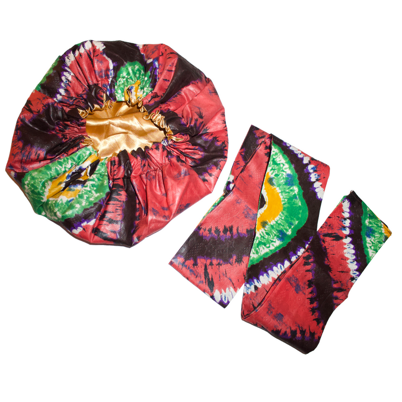 COLOR BURST Adire Satin-Lined Bonnet Headwrap